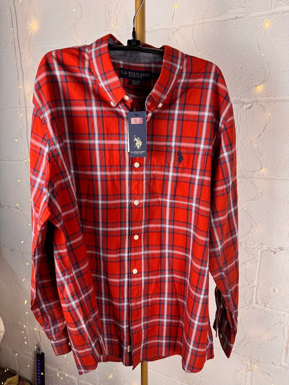 u.s. polo assn. men’s plaid button down shirt red size l new with tags